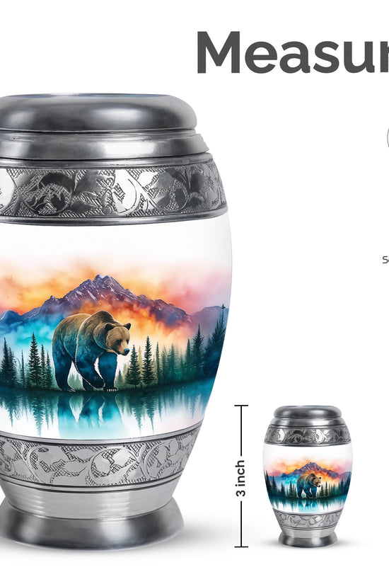 Frosted Silver Bear Cremation Urn lifestyle display on memorial shelf - royal bear engraving with decorative scrollwork - mini keepsake memorial for portion of cremation ashes