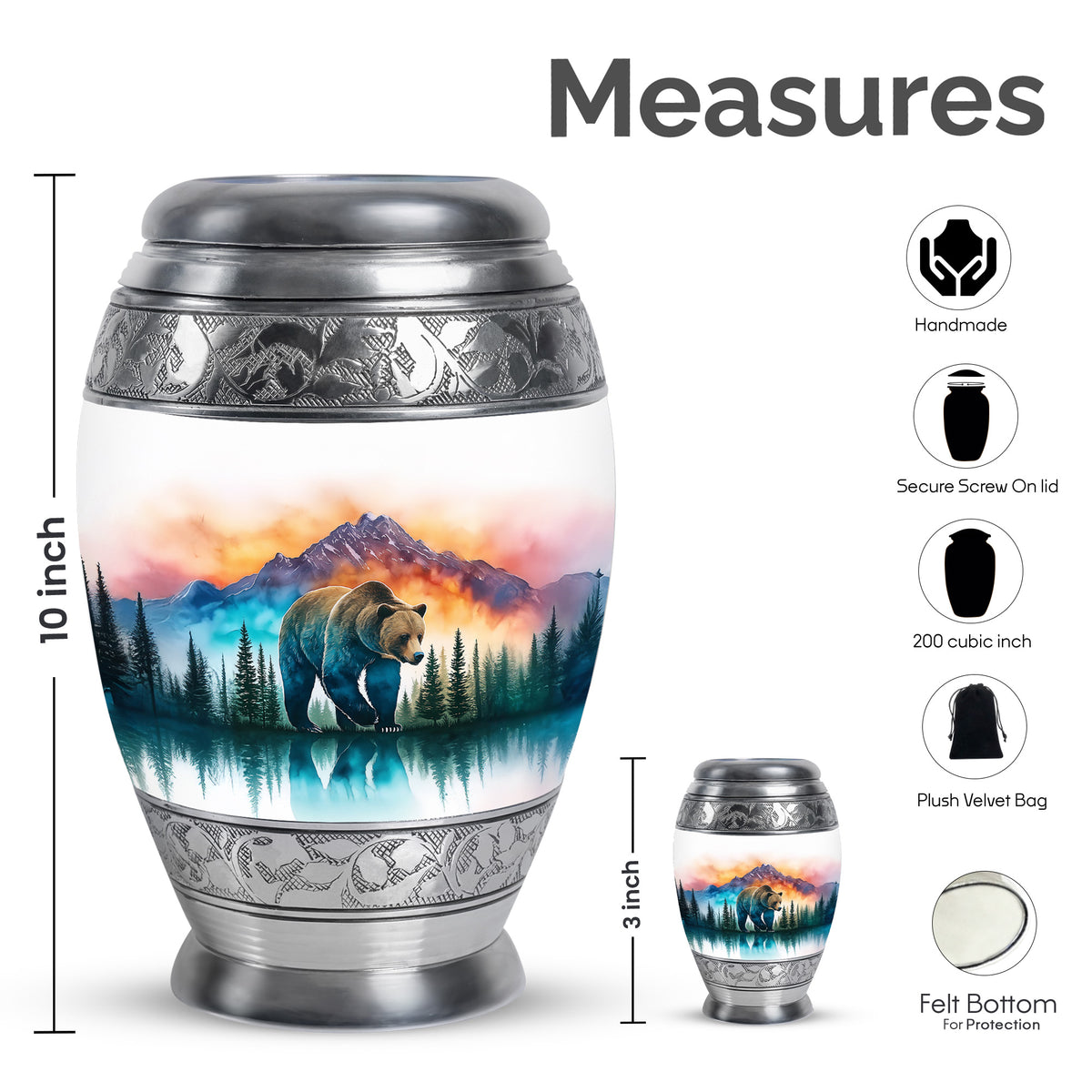 Frosted Silver Bear Cremation Urn lifestyle display on memorial shelf - royal bear engraving with decorative scrollwork - mini keepsake memorial for portion of cremation ashes