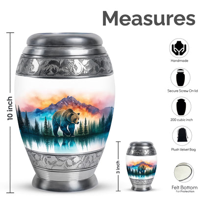 Frosted Silver Bear Cremation Urn lifestyle display on memorial shelf - royal bear engraving with decorative scrollwork - mini keepsake memorial for portion of cremation ashes