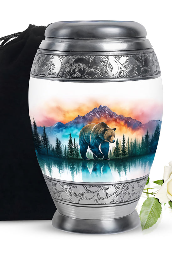 Satin Silver Bear Cremation Urn back view with polished surface - ornate monarch-style bear relief on brushed aluminum - full-size 10 inch 200 cubic inch adult cremation urn