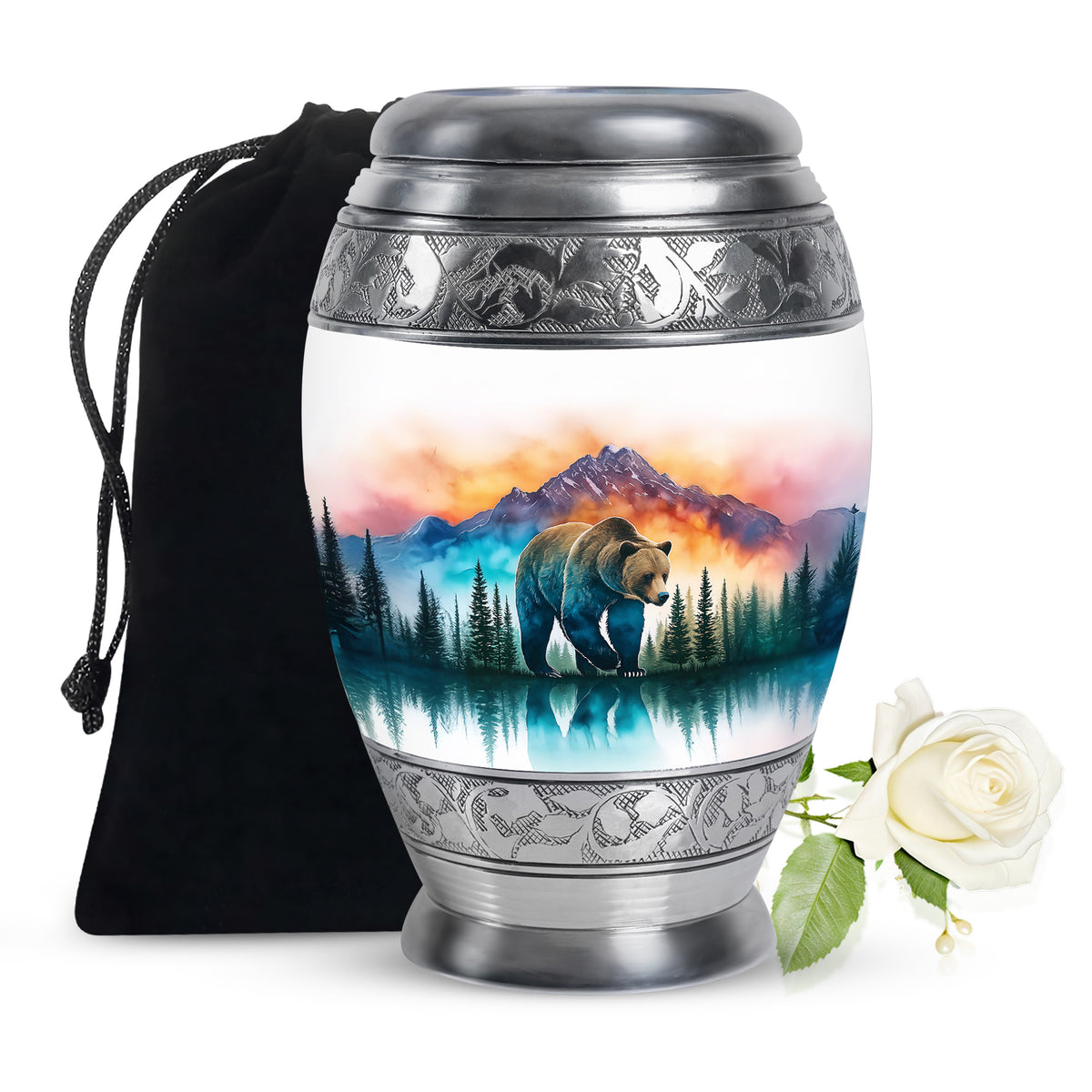Satin Silver Bear Cremation Urn back view with polished surface - ornate monarch-style bear relief on brushed aluminum - full-size 10 inch 200 cubic inch adult cremation urn