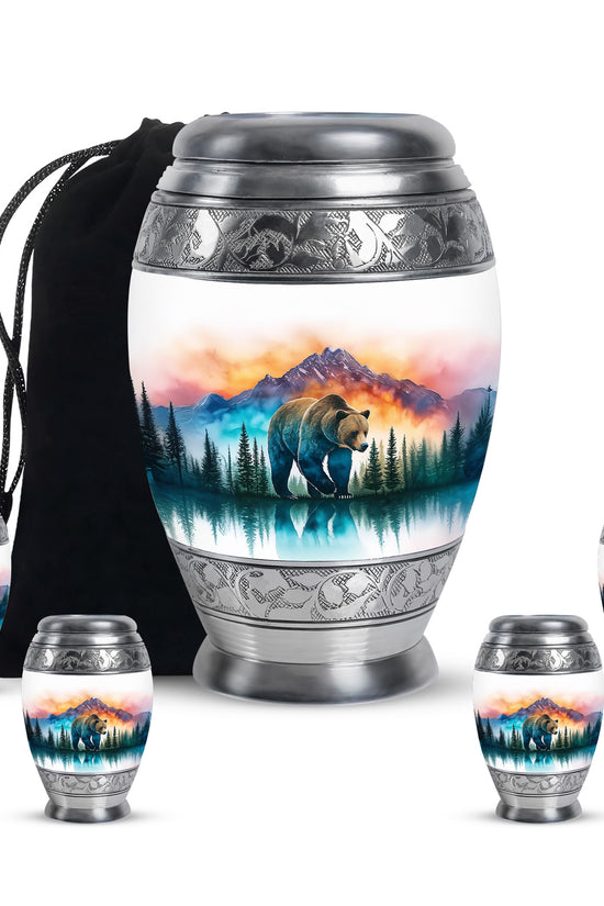 Satin Silver Bear Cremation Urn detail view - ornate monarch-style bear relief on brushed aluminum - memorial set with one large and four small urns
