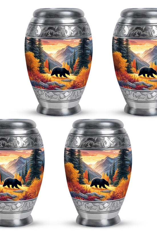 Burnished Gold Bear Cremation Urn urn with complimentary velvet bag - majestic bear pattern with filigree border - 10 inch aluminum urn for cremated remains