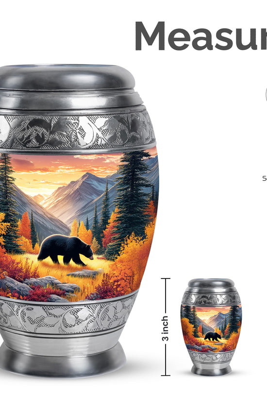 Harvest Gold Bear Cremation Urn lifestyle display on memorial shelf - royal bear engraving with decorative scrollwork - mini keepsake memorial for portion of cremation ashes