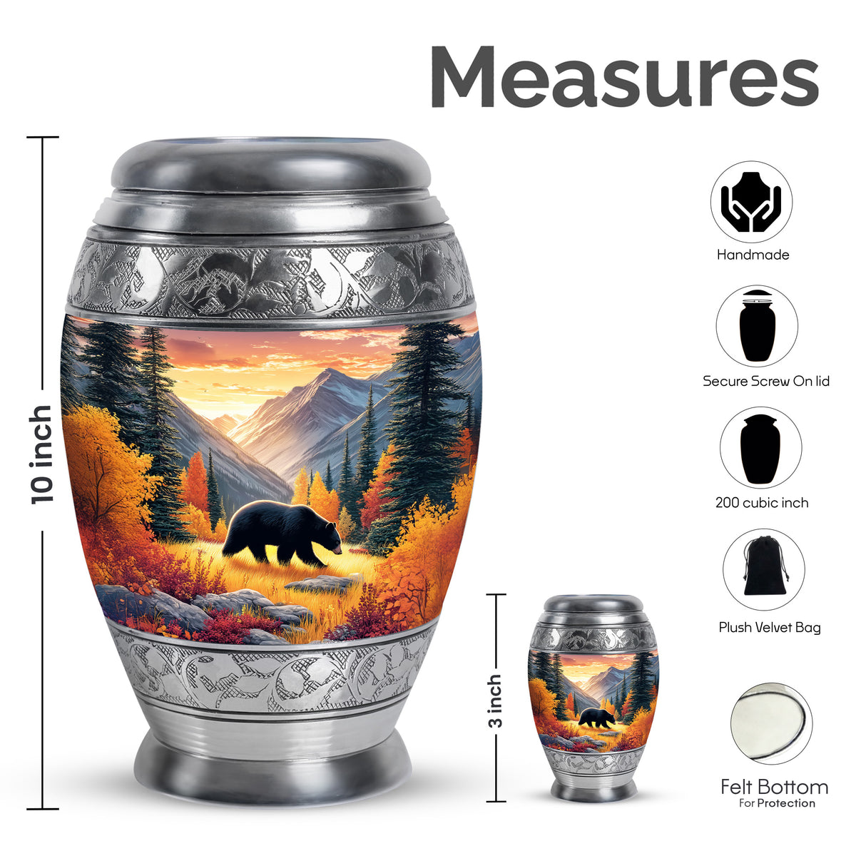 Harvest Gold Bear Cremation Urn lifestyle display on memorial shelf - royal bear engraving with decorative scrollwork - mini keepsake memorial for portion of cremation ashes