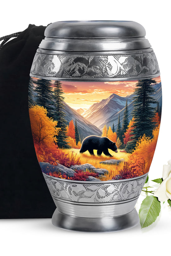 Sunrise Gold Bear Cremation Urn back view with polished surface - regal bear design with crown-inspired accents - full-size 10 inch 200 cubic inch adult cremation urn