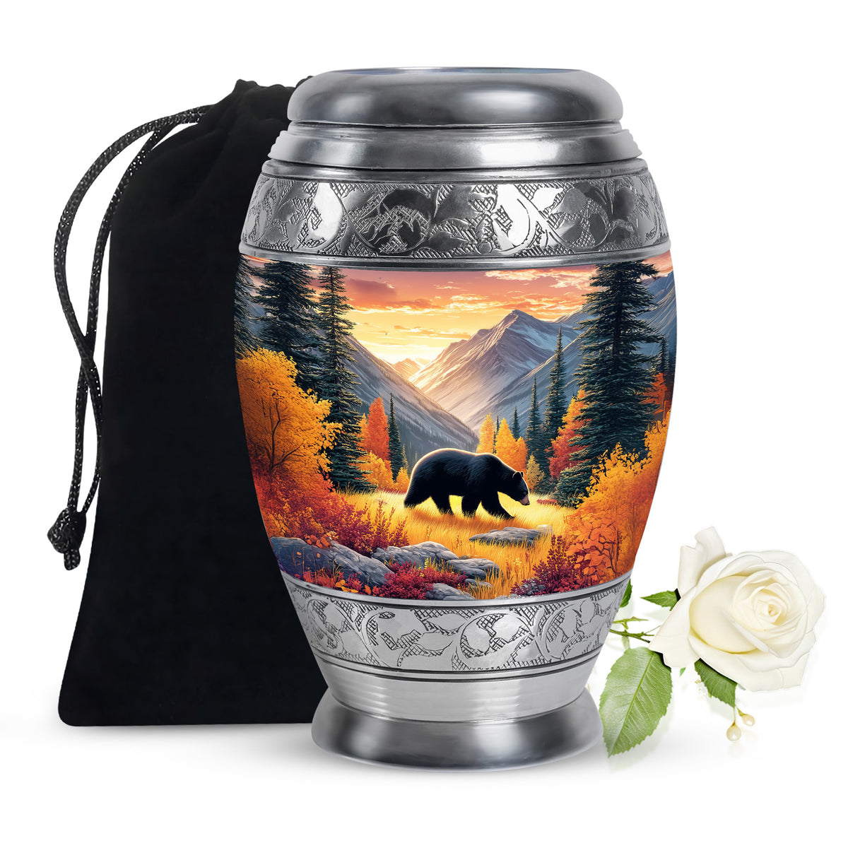 Sunrise Gold Bear Cremation Urn back view with polished surface - regal bear design with crown-inspired accents - full-size 10 inch 200 cubic inch adult cremation urn