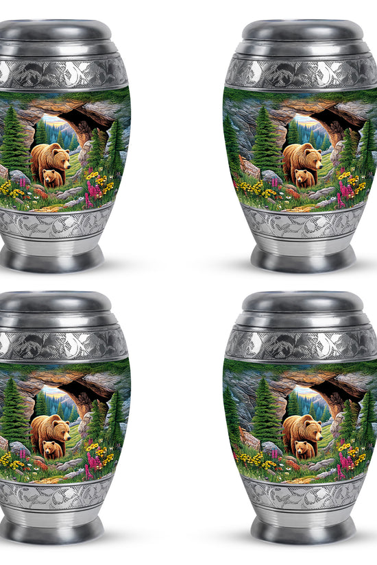 Pine Green Bear Cremation Urn urn with complimentary velvet bag - majestic bear pattern with filigree border - 10 inch aluminum urn for cremated remains