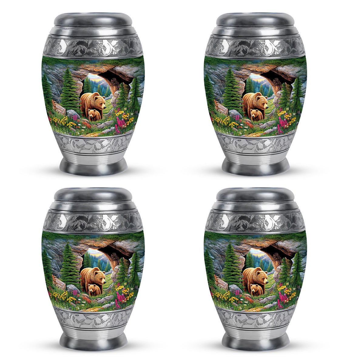 Pine Green Bear Cremation Urn urn with complimentary velvet bag - majestic bear pattern with filigree border - 10 inch aluminum urn for cremated remains