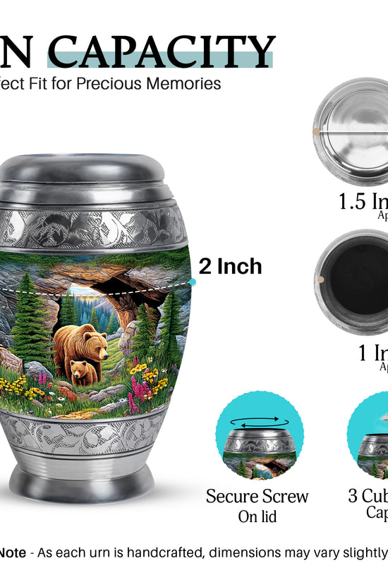 Forest Green Bear Cremation Urn lifestyle display on memorial shelf - royal bear engraving with decorative scrollwork - mini keepsake memorial for portion of cremation ashes