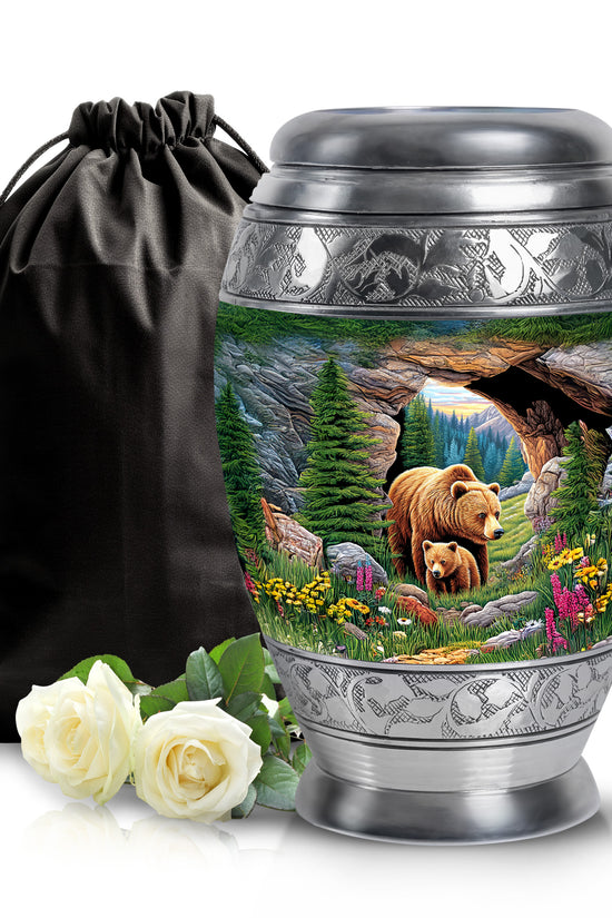 Hunter Green Bear Cremation Urn back view with polished surface - royal bear engraving with decorative scrollwork - full-size 10 inch 200 cubic inch adult cremation urn