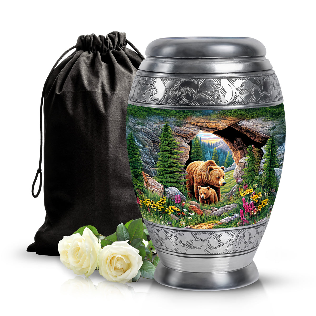 Hunter Green Bear Cremation Urn back view with polished surface - royal bear engraving with decorative scrollwork - full-size 10 inch 200 cubic inch adult cremation urn