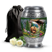 Hunter Green Bear Cremation Urn back view with polished surface - royal bear engraving with decorative scrollwork - full-size 10 inch 200 cubic inch adult cremation urn