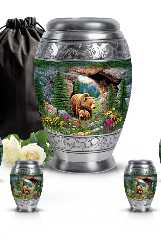 Hunter Green Bear Cremation Urn detail view - royal bear engraving with decorative scrollwork - memorial set with one large and four small urns