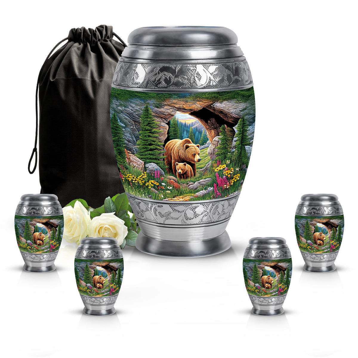 Hunter Green Bear Cremation Urn detail view - royal bear engraving with decorative scrollwork - memorial set with one large and four small urns