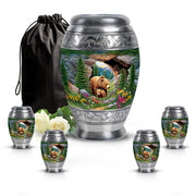 Hunter Green Bear Cremation Urn detail view - royal bear engraving with decorative scrollwork - memorial set with one large and four small urns