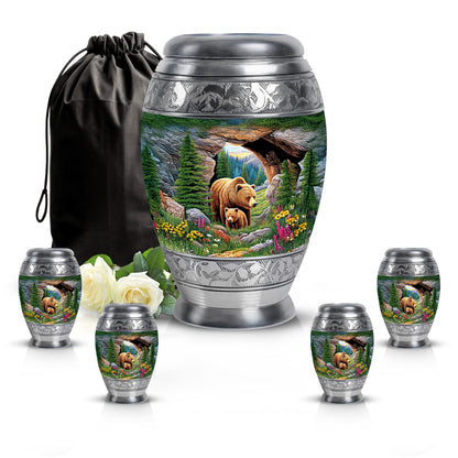 Hunter Green Bear Cremation Urn detail view - royal bear engraving with decorative scrollwork - memorial set with one large and four small urns