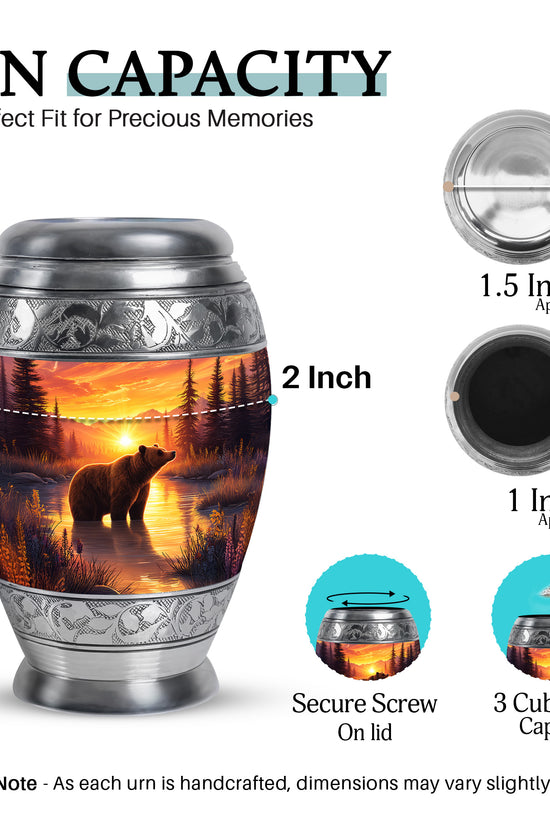 Ruby Red Bear Cremation Urn lifestyle display on memorial shelf - royal bear engraving with decorative scrollwork - mini keepsake memorial for portion of cremation ashes