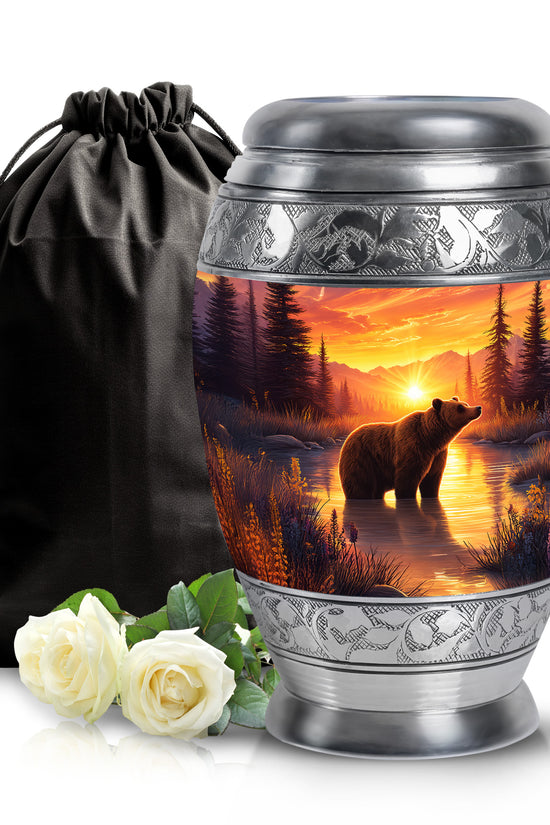 Fiery Red Bear Cremation Urn back view with polished surface - majestic bear pattern with filigree border - full-size 10 inch 200 cubic inch adult cremation urn