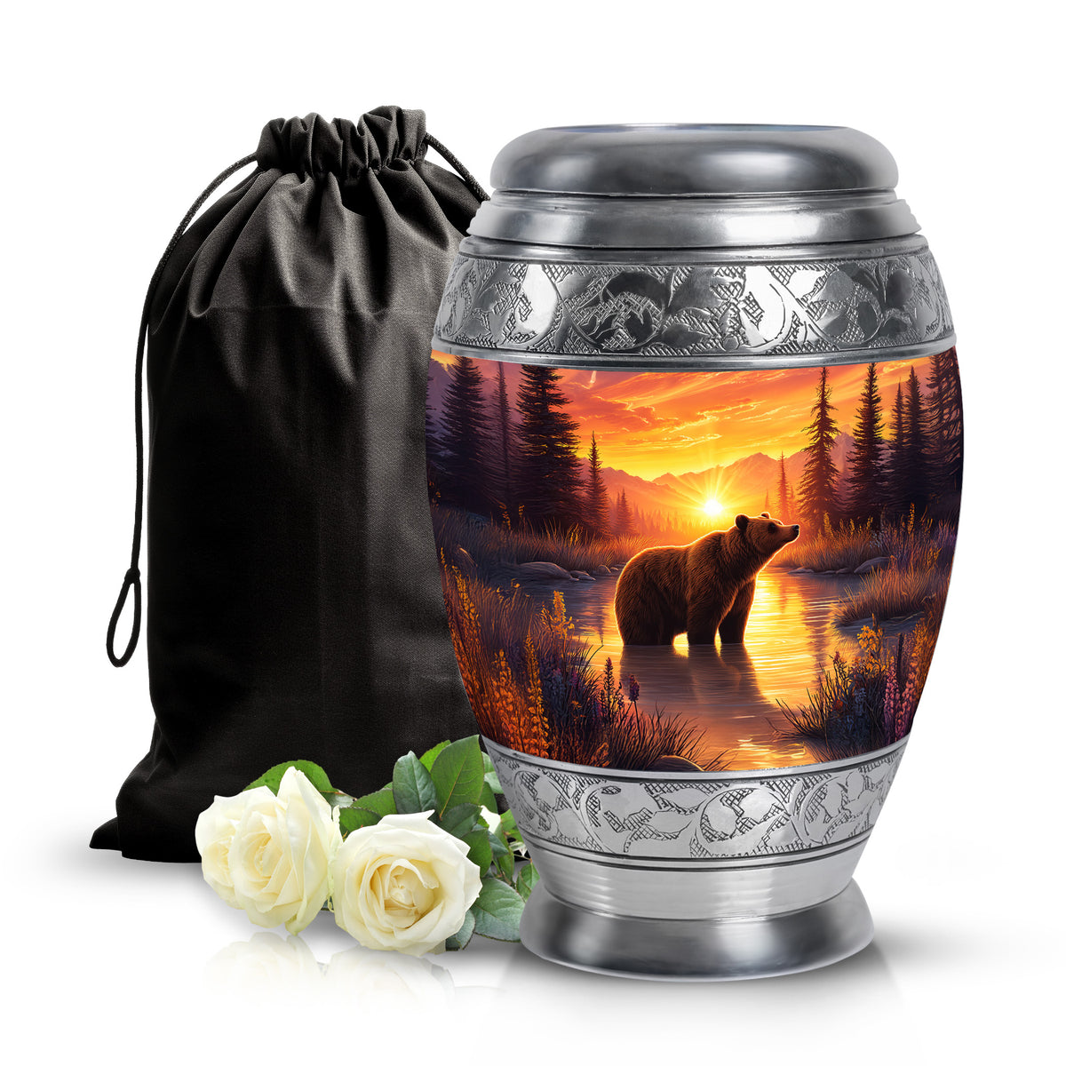 Fiery Red Bear Cremation Urn back view with polished surface - majestic bear pattern with filigree border - full-size 10 inch 200 cubic inch adult cremation urn