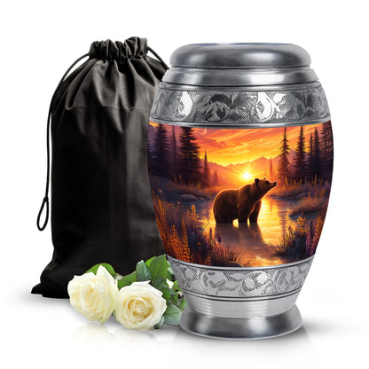 Fiery Red Bear Cremation Urn back view with polished surface - majestic bear pattern with filigree border - full-size 10 inch 200 cubic inch adult cremation urn