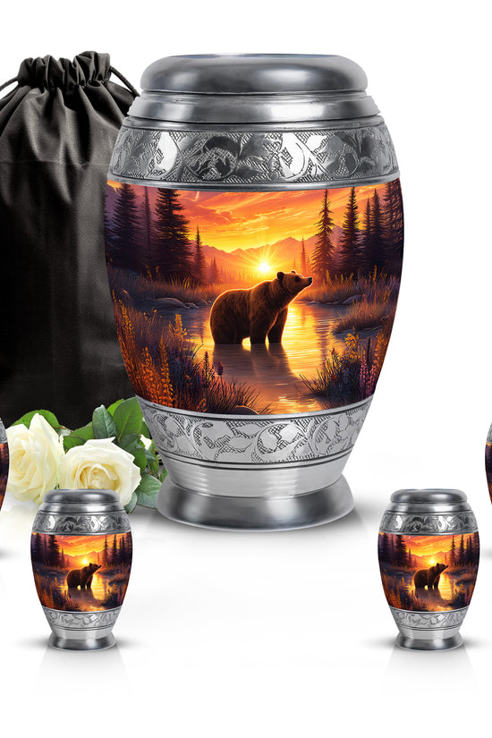 Crimson Red Bear Cremation Urn detail view - regal bear design with crown-inspired accents - memorial set with one large and four small urns
