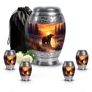 Crimson Red Bear Cremation Urn detail view - regal bear design with crown-inspired accents - memorial set with one large and four small urns