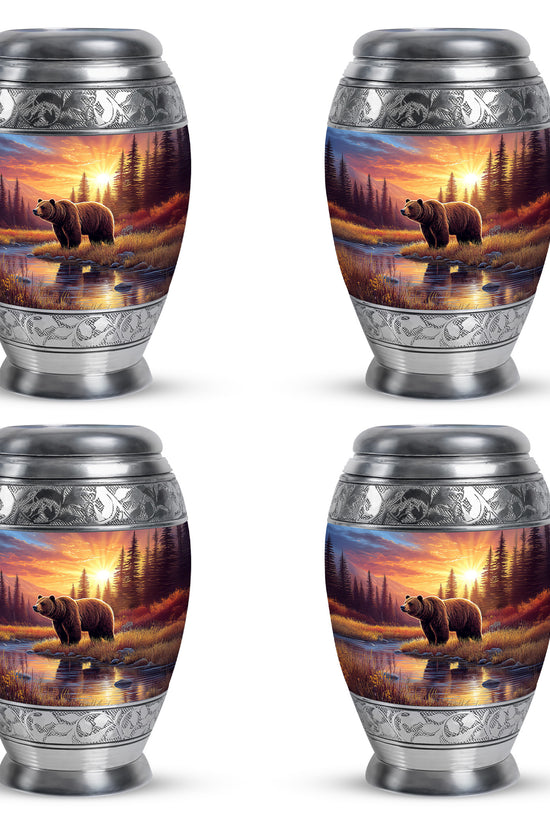 Garnet Red Bear Cremation Urn urn with complimentary velvet bag - ornate monarch-style bear relief on brushed aluminum - 10 inch aluminum urn for cremated remains