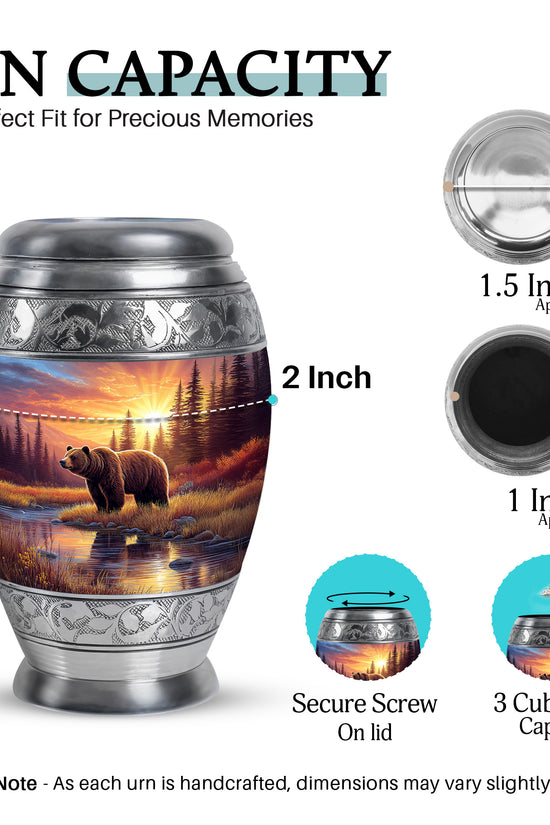 Ruby Red Bear Cremation Urn lifestyle display on memorial shelf - majestic bear pattern with filigree border - mini keepsake memorial for portion of cremation ashes