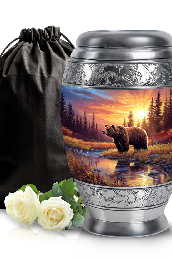 Crimson Red Bear Cremation Urn back view with polished surface - ornate monarch-style bear relief on brushed aluminum - full-size 10 inch 200 cubic inch adult cremation urn