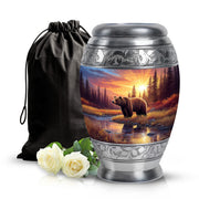 Crimson Red Bear Cremation Urn back view with polished surface - ornate monarch-style bear relief on brushed aluminum - full-size 10 inch 200 cubic inch adult cremation urn