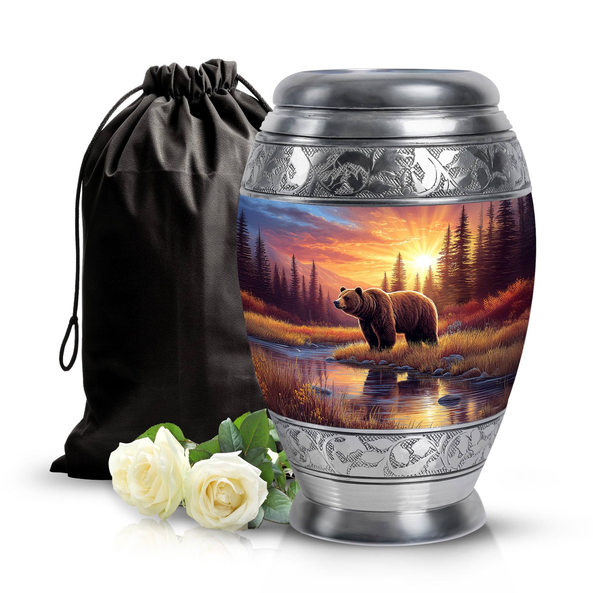 Crimson Red Bear Cremation Urn back view with polished surface - ornate monarch-style bear relief on brushed aluminum - full-size 10 inch 200 cubic inch adult cremation urn