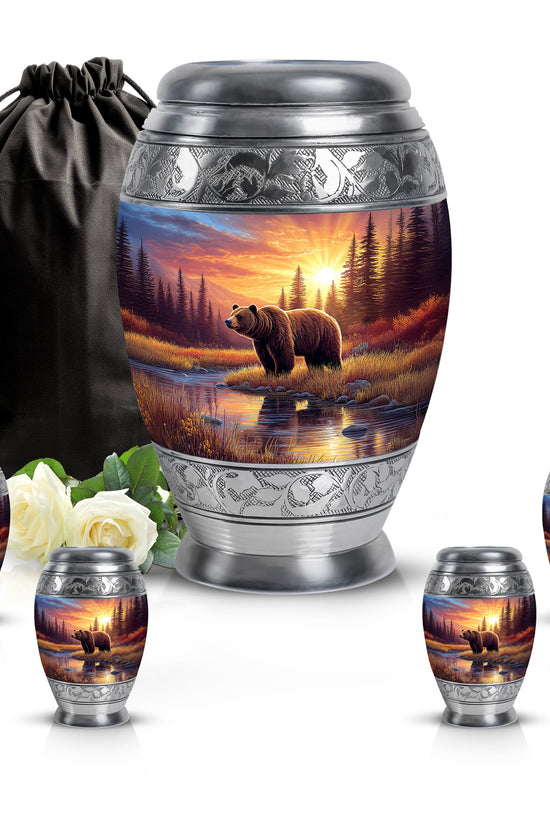 Scarlet Red Bear Cremation Urn detail view - royal bear engraving with decorative scrollwork - memorial set with one large and four small urns