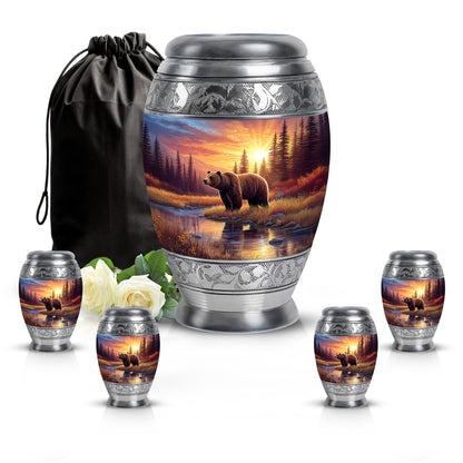 Scarlet Red Bear Cremation Urn detail view - royal bear engraving with decorative scrollwork - memorial set with one large and four small urns