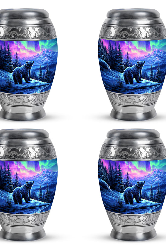 Violet Purple Bear Cremation Urn urn with complimentary velvet bag - royal bear engraving with decorative scrollwork - 10 inch aluminum urn for cremated remains