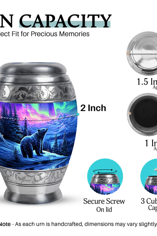 Grape Purple Bear Cremation Urn lifestyle display on memorial shelf - majestic bear pattern with filigree border - mini keepsake memorial for portion of cremation ashes