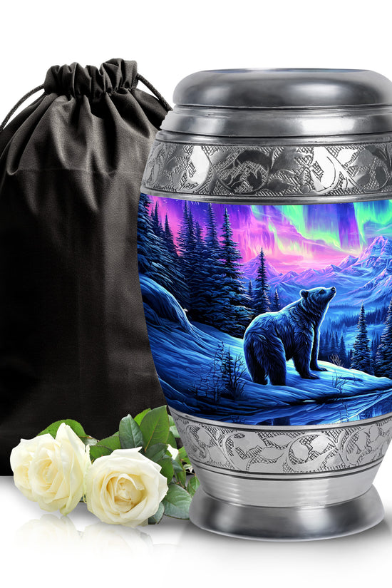 Royal Purple Bear Cremation Urn back view with polished surface - majestic bear pattern with filigree border - full-size 10 inch 200 cubic inch adult cremation urn