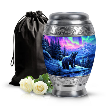 Royal Purple Bear Cremation Urn back view with polished surface - majestic bear pattern with filigree border - full-size 10 inch 200 cubic inch adult cremation urn