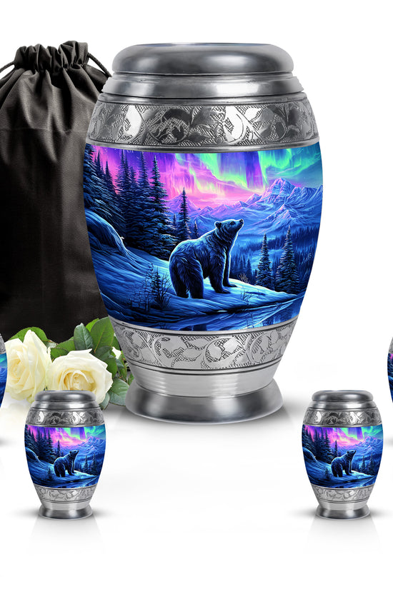 Orchid Purple Bear Cremation Urn detail view - ornate monarch-style bear relief on brushed aluminum - memorial set with one large and four small urns