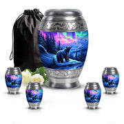 Orchid Purple Bear Cremation Urn detail view - ornate monarch-style bear relief on brushed aluminum - memorial set with one large and four small urns