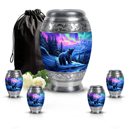 Orchid Purple Bear Cremation Urn detail view - ornate monarch-style bear relief on brushed aluminum - memorial set with one large and four small urns