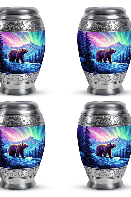 Petal Pink Bear Cremation Urn urn with complimentary velvet bag - majestic bear pattern with filigree border - 10 inch aluminum urn for cremated remains