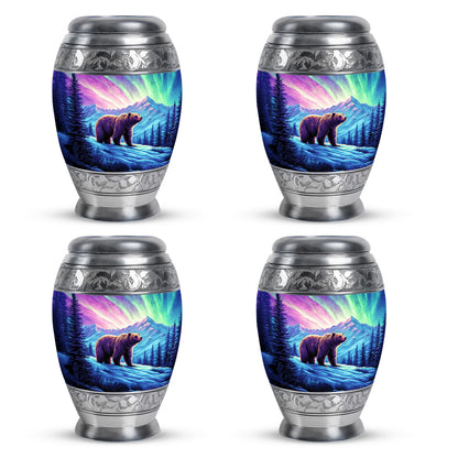 Petal Pink Bear Cremation Urn urn with complimentary velvet bag - majestic bear pattern with filigree border - 10 inch aluminum urn for cremated remains