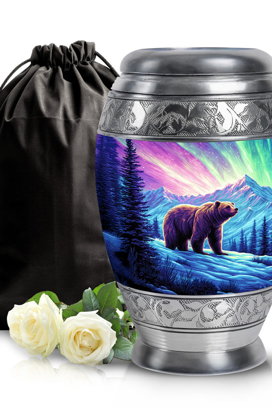 Dusty Pink Bear Cremation Urn back view with polished surface - majestic bear pattern with filigree border - full-size 10 inch 200 cubic inch adult cremation urn