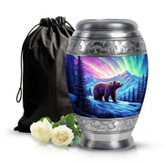 Dusty Pink Bear Cremation Urn back view with polished surface - majestic bear pattern with filigree border - full-size 10 inch 200 cubic inch adult cremation urn