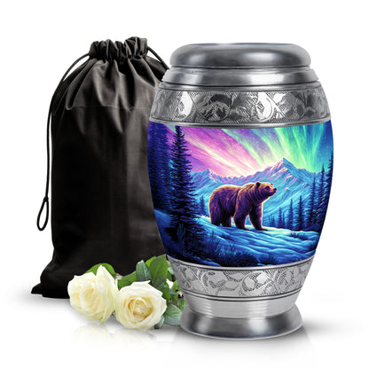 Dusty Pink Bear Cremation Urn back view with polished surface - majestic bear pattern with filigree border - full-size 10 inch 200 cubic inch adult cremation urn