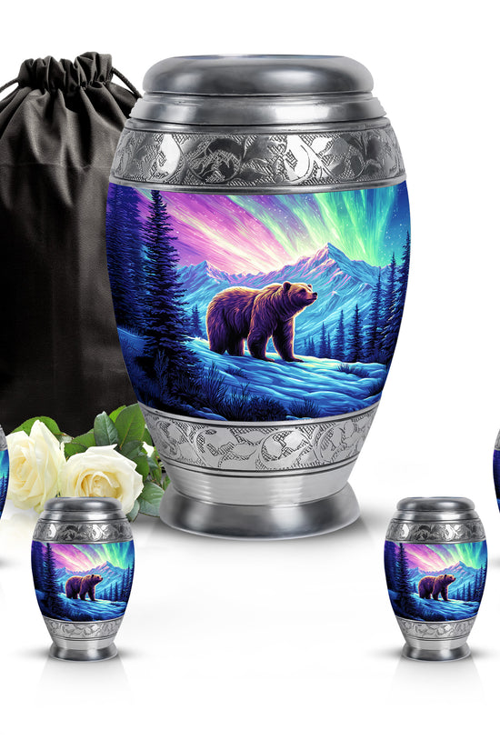 Salmon Pink Bear Cremation Urn detail view - royal bear engraving with decorative scrollwork - memorial set with one large and four small urns