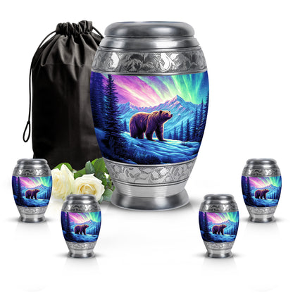 Salmon Pink Bear Cremation Urn detail view - royal bear engraving with decorative scrollwork - memorial set with one large and four small urns