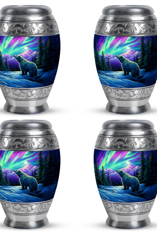 Powder Blue Bear Cremation Urn urn with complimentary velvet bag - regal bear design with crown-inspired accents - 10 inch aluminum urn for cremated remains