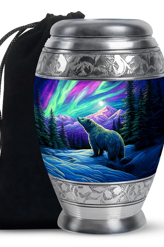 Bright Blue Bear Cremation Urn back view with polished surface - royal bear engraving with decorative scrollwork - full-size 10 inch 200 cubic inch adult cremation urn